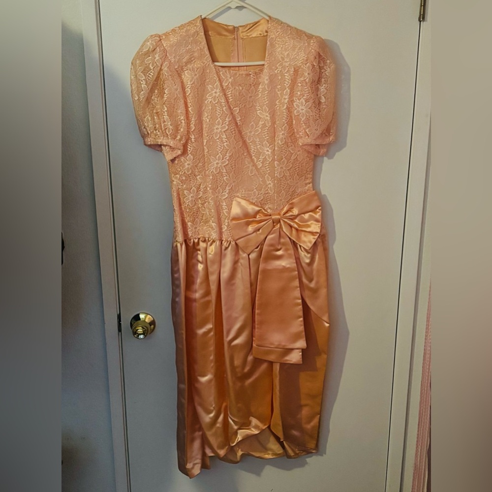 Peach Lace & Satin Bow Party Dress